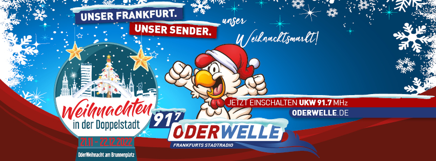 91.7 ODERWELLE präsentiert: die Oderweihnacht 2022 auf dem Brunnenplatz am Oderturm.